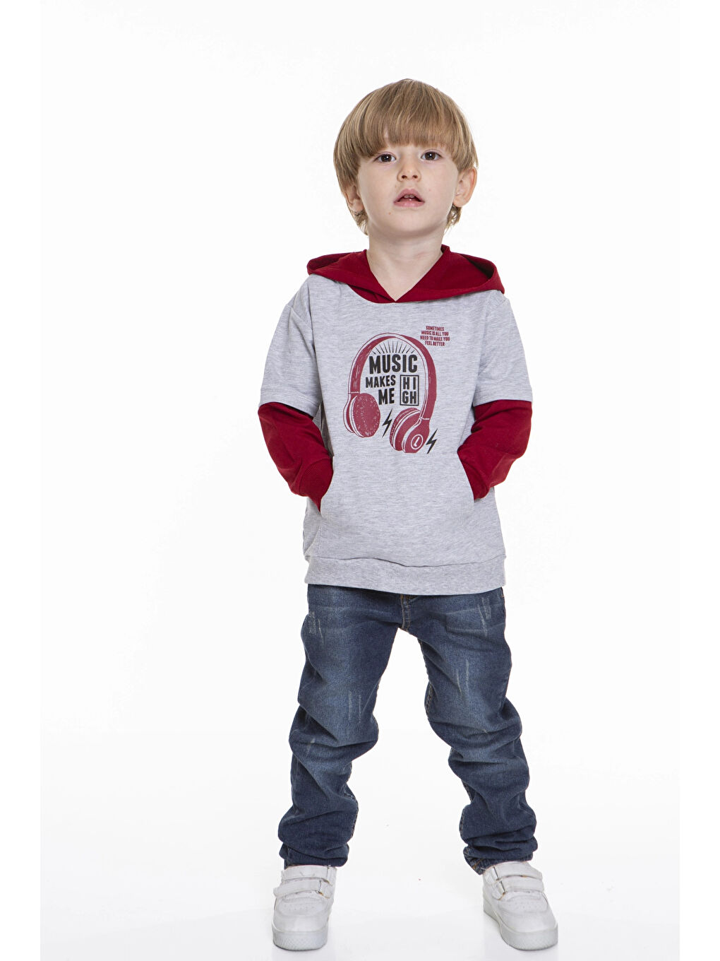 Bordo Kulaklık Baskılı Kapüşonlu Erkek Bebek Hoodie 54265-1