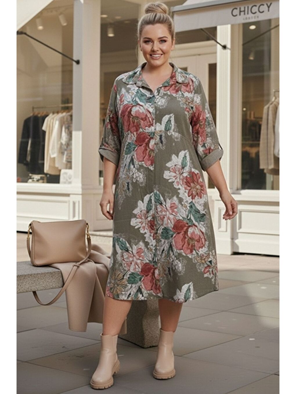 İtalyan Büyük Beden Bej Gömlek Yaka Uzun Kol Allover Baskılı Kadife Dokuma Elbise 112 65-3