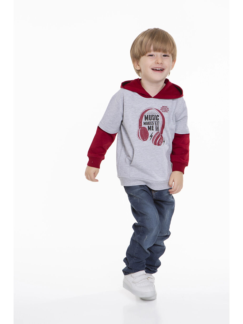 Bordo Kulaklık Baskılı Kapüşonlu Erkek Bebek Hoodie 54265-2