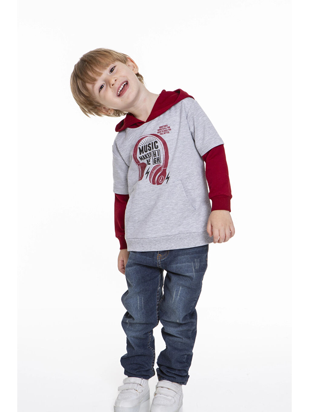 Bordo Kulaklık Baskılı Kapüşonlu Erkek Bebek Hoodie 54265-3