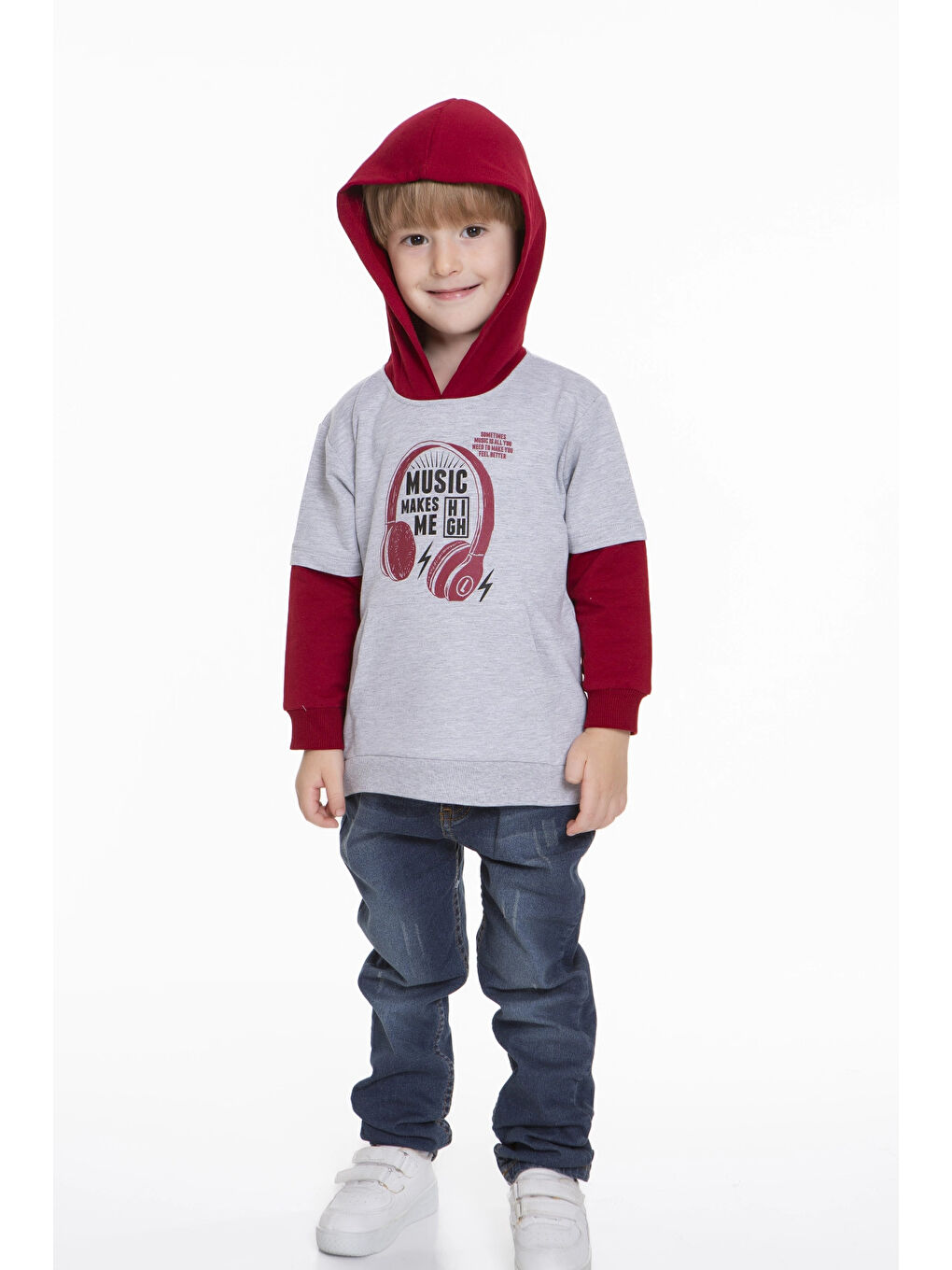 Bordo Kulaklık Baskılı Kapüşonlu Erkek Bebek Hoodie 54265-4