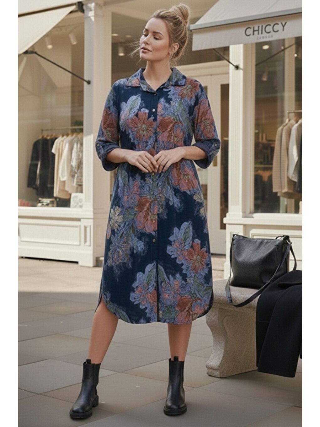 İtalyan Lacivert Gömlek Yaka Uzun Kol Çiçekli Allover Baskılı Kadife Dokuma Elbise 112 65-2