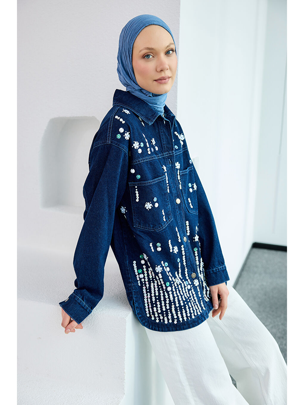 Kadın Pul Detay Jean Ceket Koyu Mavi-1