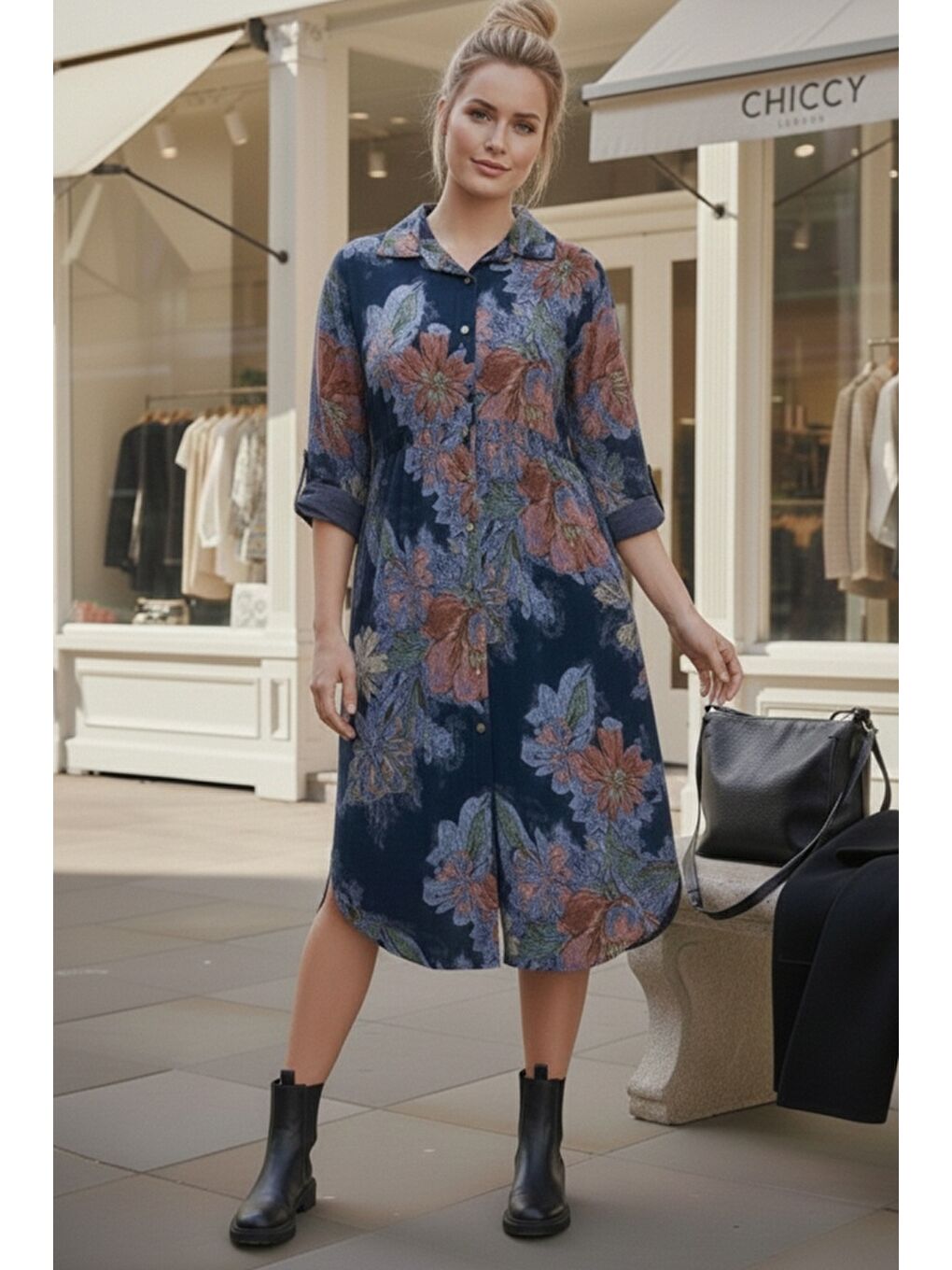 İtalyan Lacivert Gömlek Yaka Uzun Kol Çiçekli Allover Baskılı Kadife Dokuma Elbise 112 65-3