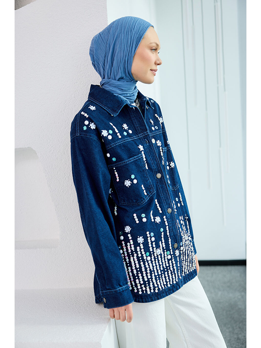 Kadın Pul Detay Jean Ceket Koyu Mavi-2