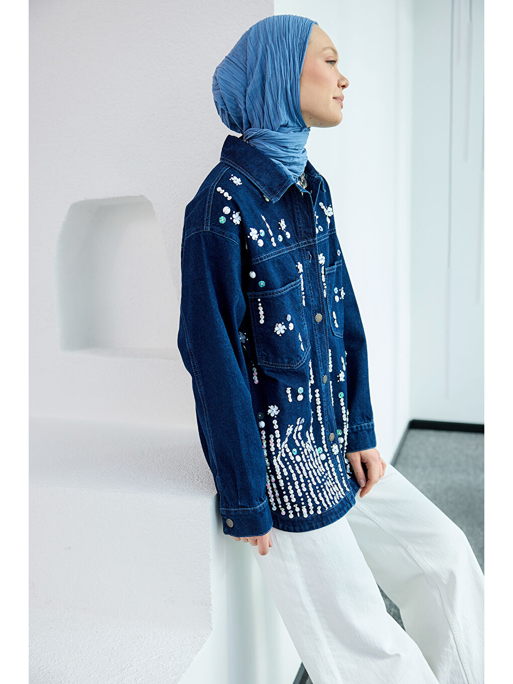 Kadın Pul Detay Jean Ceket Koyu Mavi-3