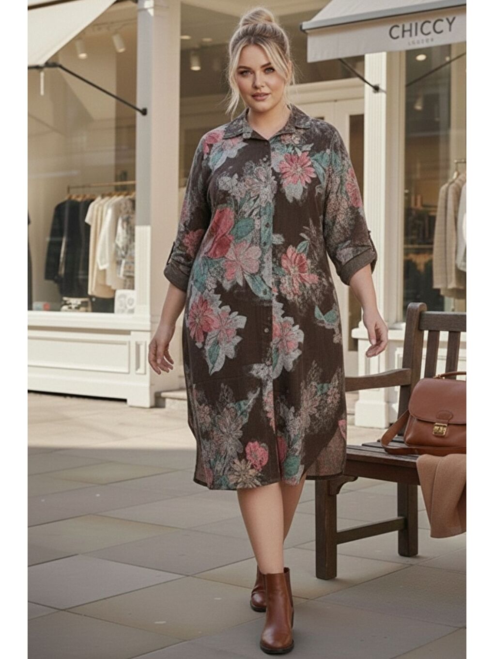 İtalyan Büyük Beden Kahverengi Gömlek Yaka Uzun Kol Allover Baskılı Kadife Dokuma Elbise 112 65