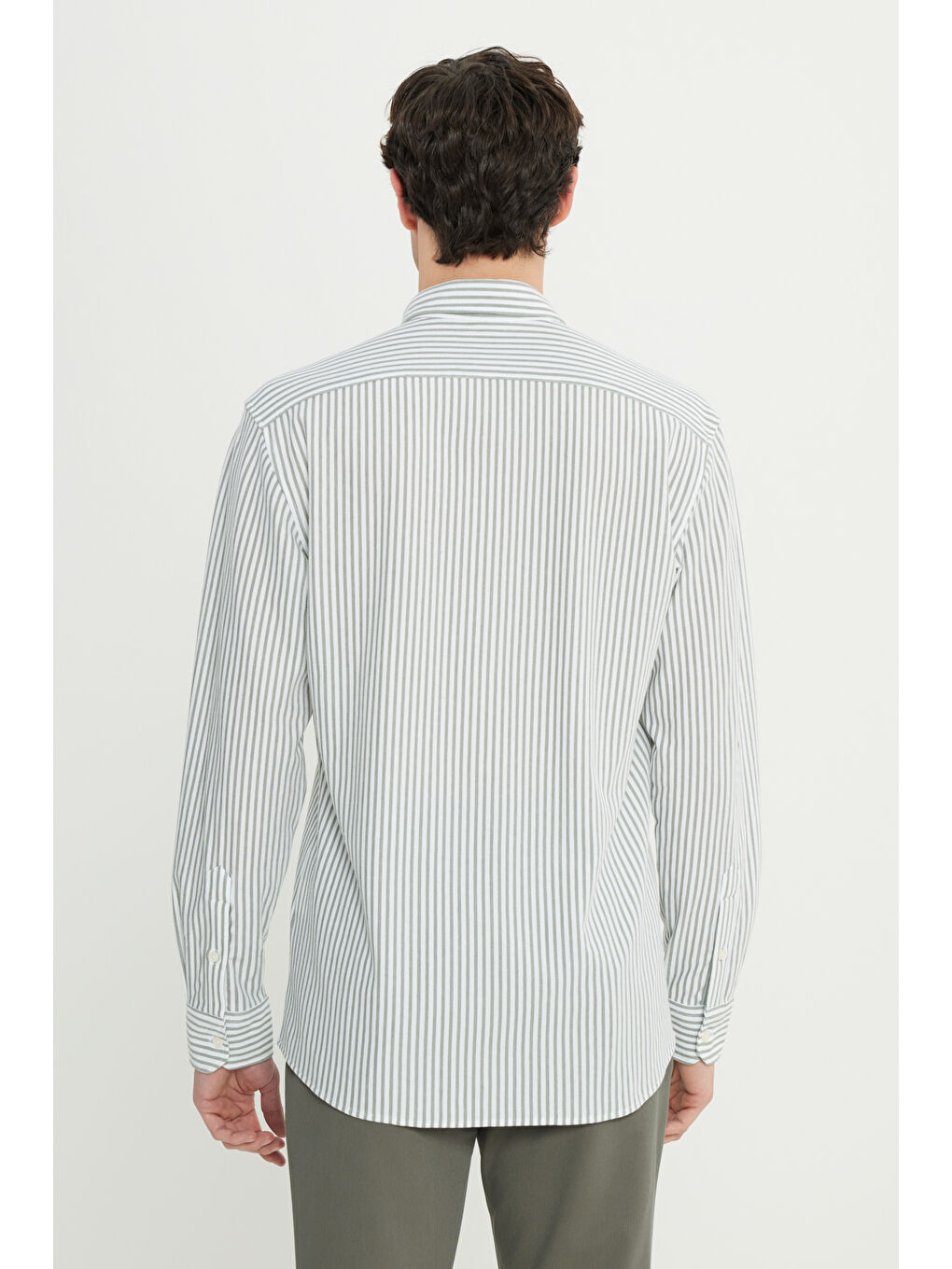 Erkek Haki Pamuklu Oxford Comfort Fit Rahat Kesim Düğmeli Yaka Çizgili Gömlek-4