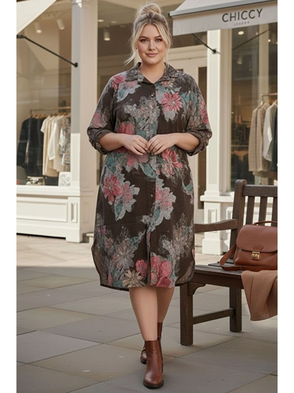 İtalyan Büyük Beden Kahverengi Gömlek Yaka Uzun Kol Allover Baskılı Kadife Dokuma Elbise 112 65-1