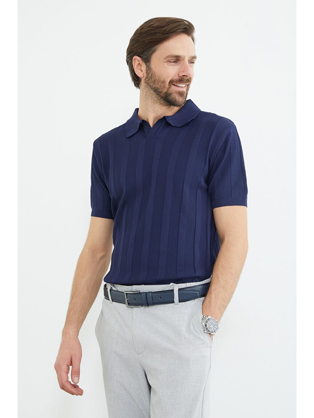 Lacivert Desenli Apaş Yaka Triko Tişört-3