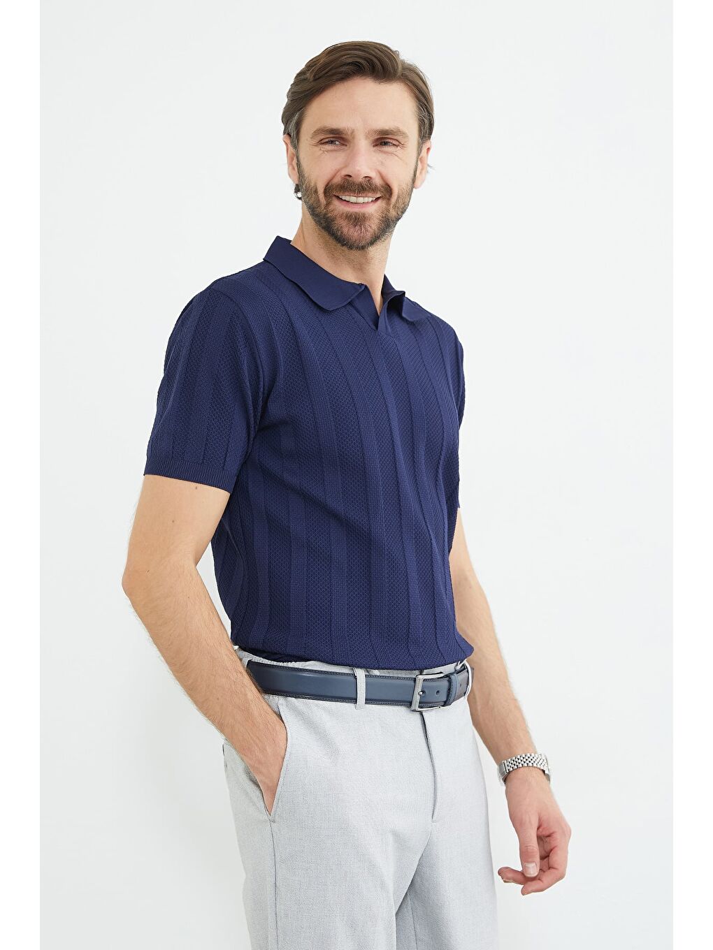 Lacivert Desenli Apaş Yaka Triko Tişört-4