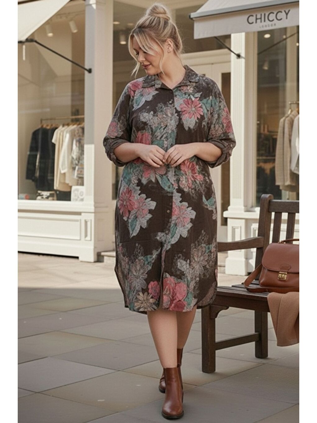 İtalyan Büyük Beden Kahverengi Gömlek Yaka Uzun Kol Allover Baskılı Kadife Dokuma Elbise 112 65-2