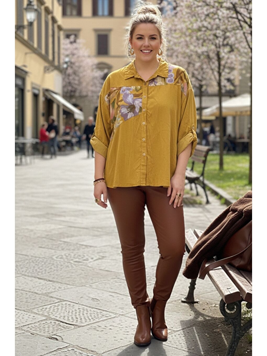 Sarı İtalyan Büyük Beden Hardal Rengi Uzun Kol Çiçekli Düğmeli İnce Kadife Casual Dokuma Gömlek 75-80 70-2