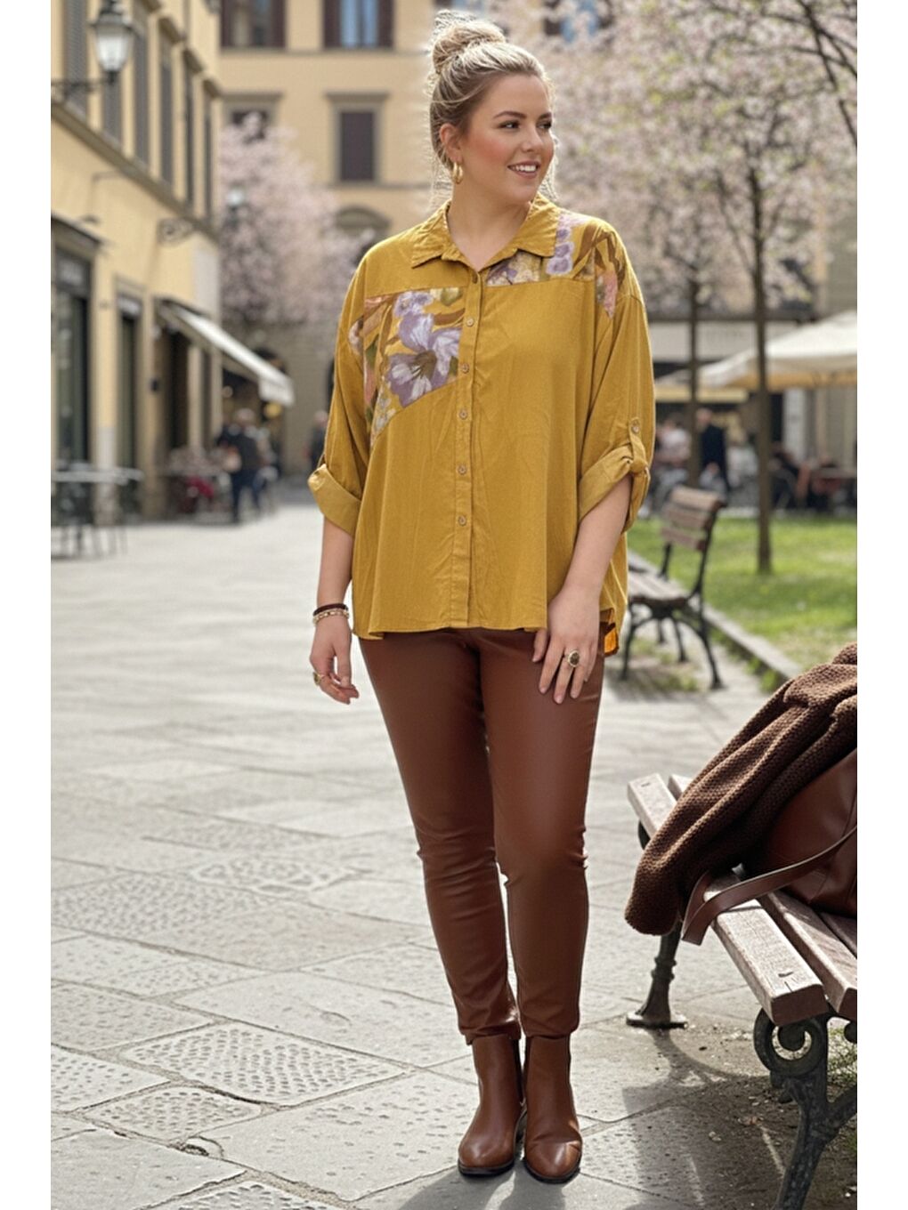 Sarı İtalyan Büyük Beden Hardal Rengi Uzun Kol Çiçekli Düğmeli İnce Kadife Casual Dokuma Gömlek 75-80 70-3