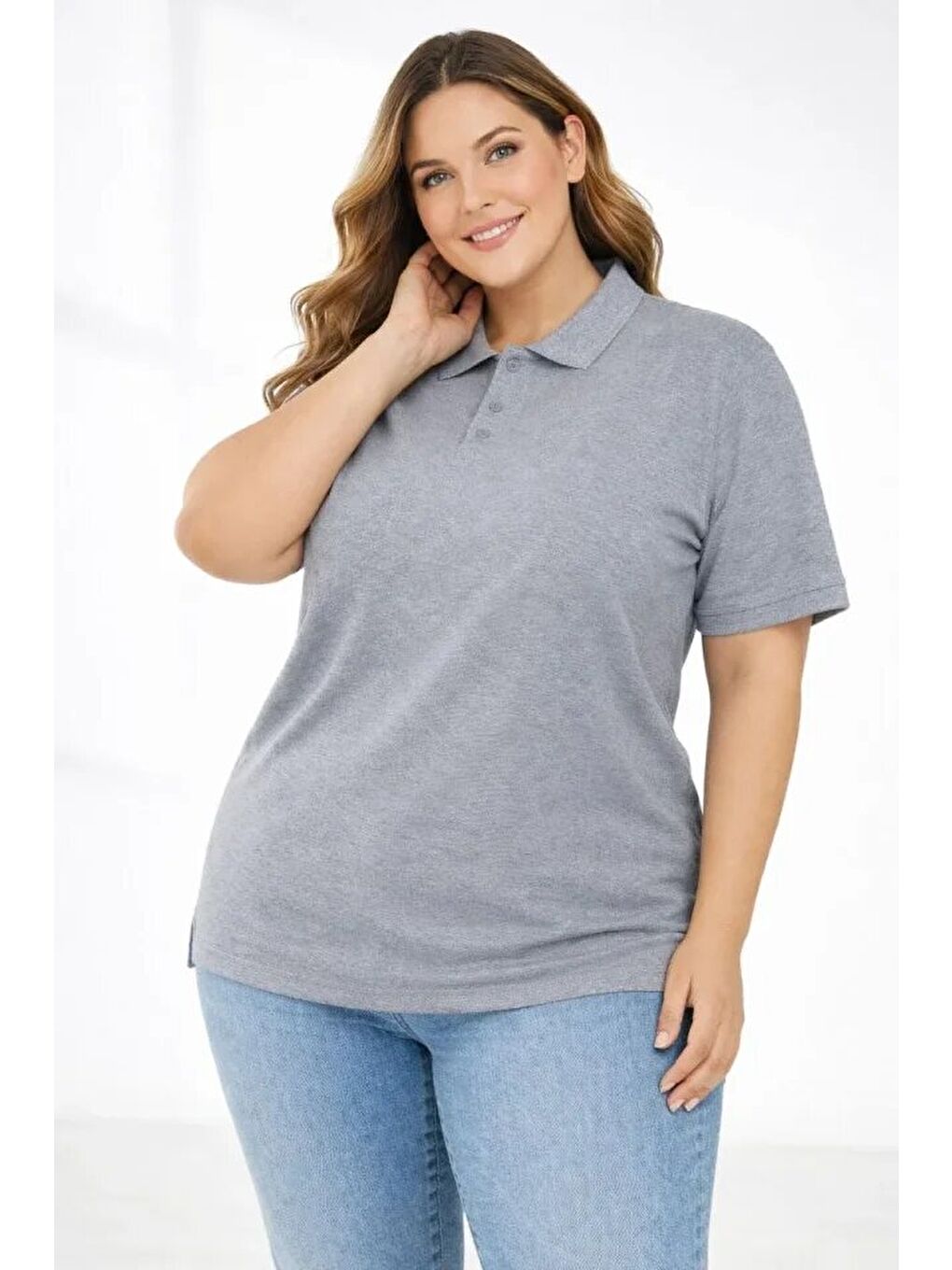 Pike Kumaş Düğmeli Yaka Battal Büyük Beden Günlük Kısa Kol Tişört T-shirt - Gri-1