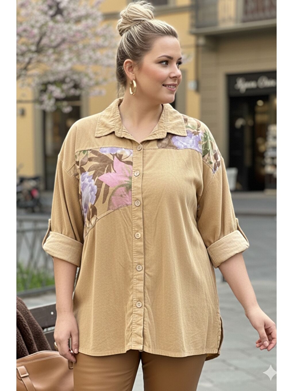 İtalyan Büyük Beden Bej Uzun Kol Çiçekli Düğmeli İnce Kadife Casual Dokuma Gömlek 75-80 70