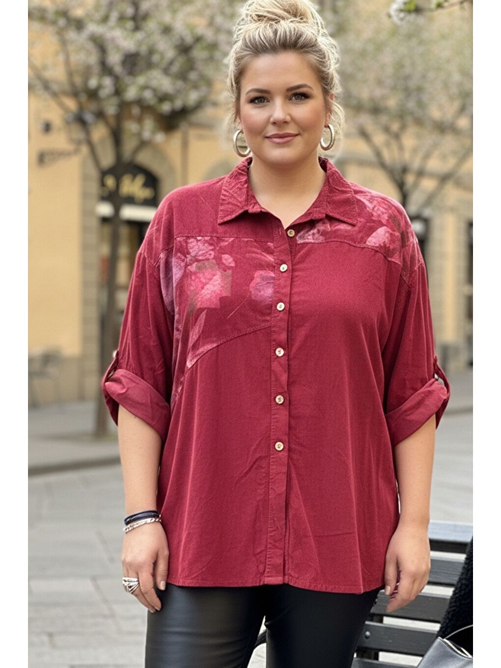 İtalyan Büyük Beden Bordo Uzun Kol Çiçekli Düğmeli İnce Kadife Casual Dokuma Gömlek 75-80 70-1