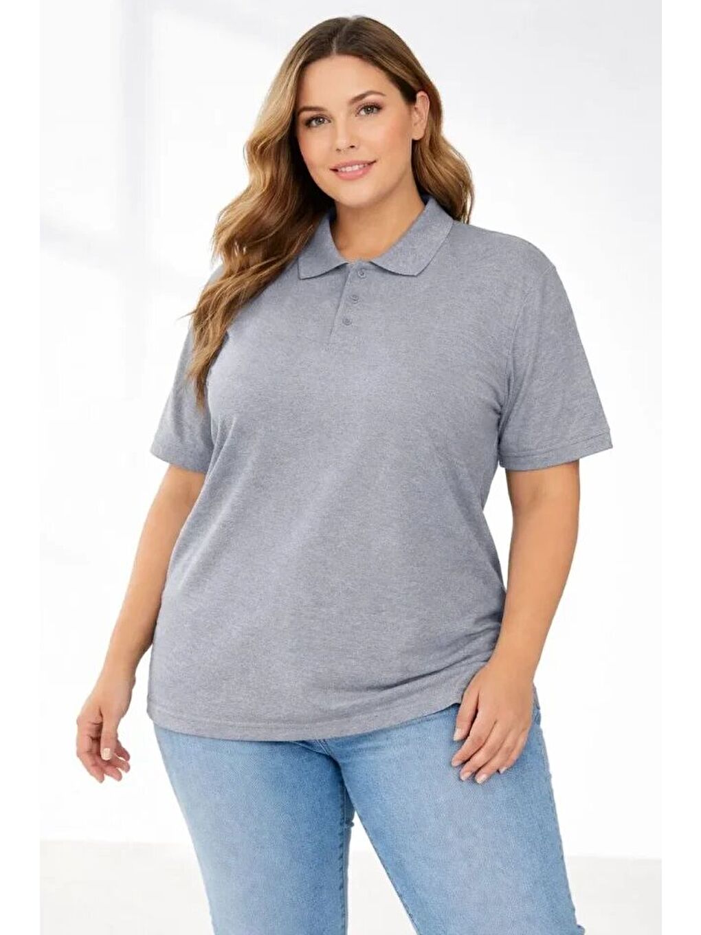 Pike Kumaş Düğmeli Yaka Battal Büyük Beden Günlük Kısa Kol Tişört T-shirt - Gri-2