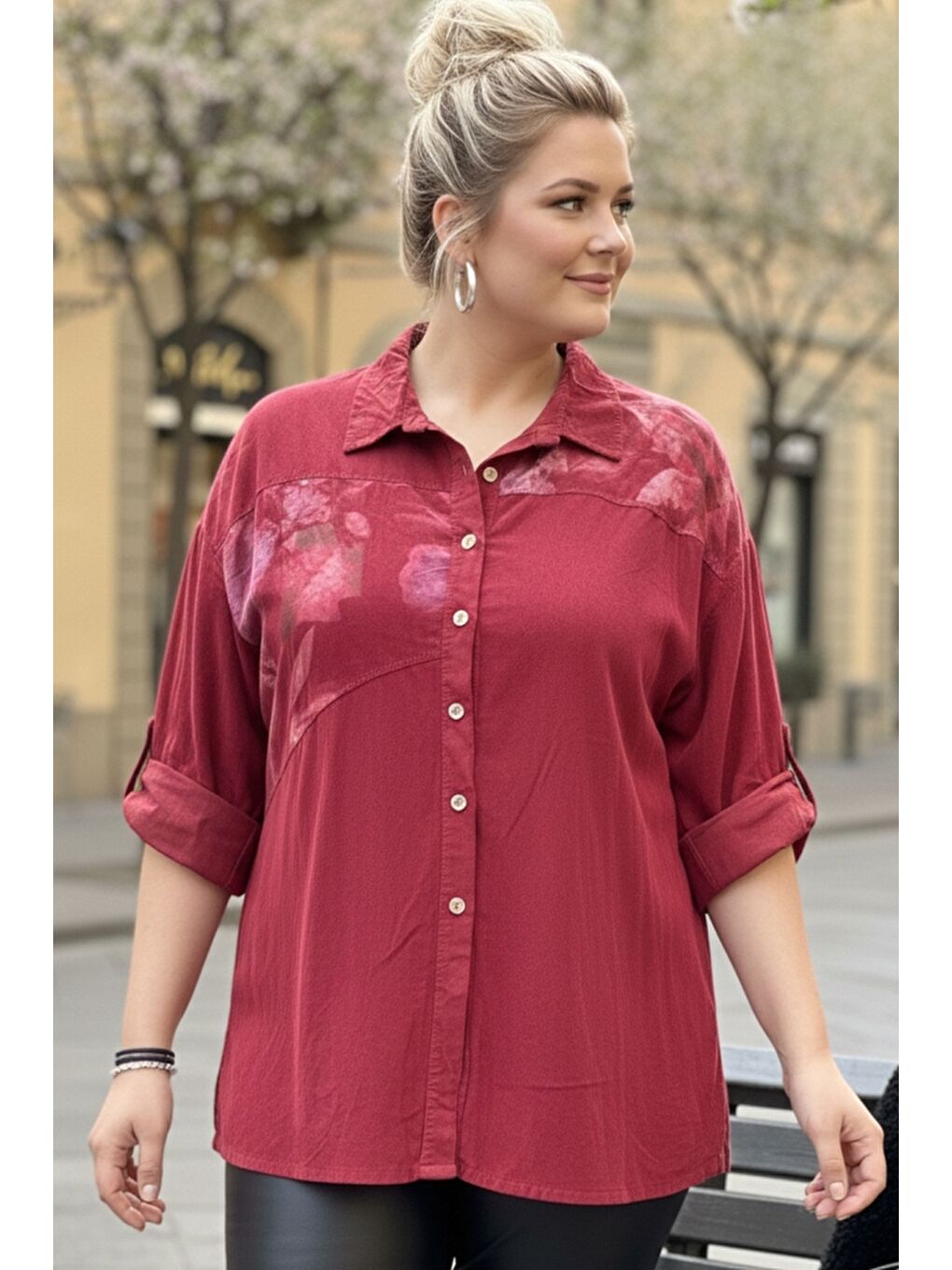 İtalyan Büyük Beden Bordo Uzun Kol Çiçekli Düğmeli İnce Kadife Casual Dokuma Gömlek 75-80 70-2