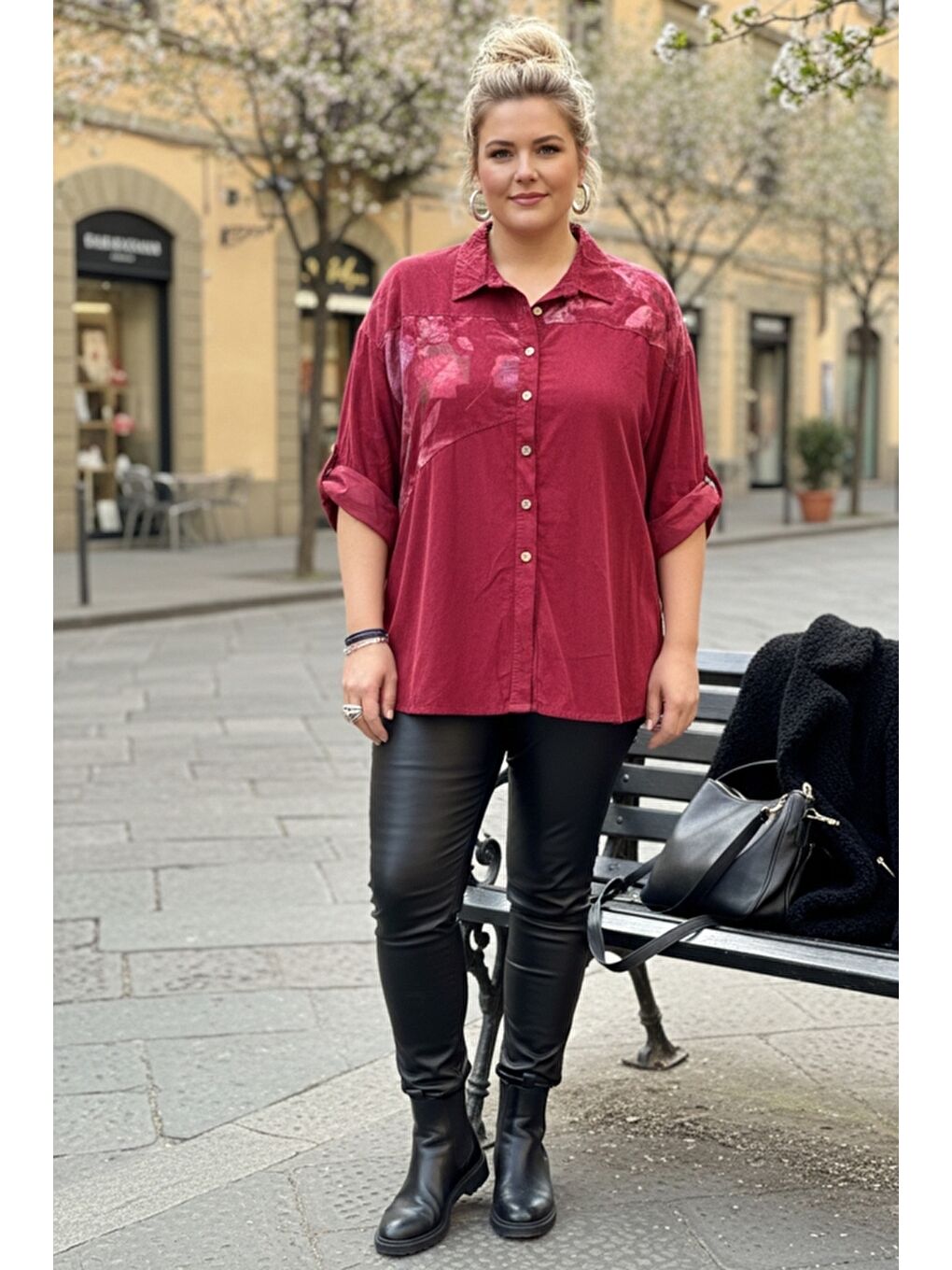 İtalyan Büyük Beden Bordo Uzun Kol Çiçekli Düğmeli İnce Kadife Casual Dokuma Gömlek 75-80 70-3