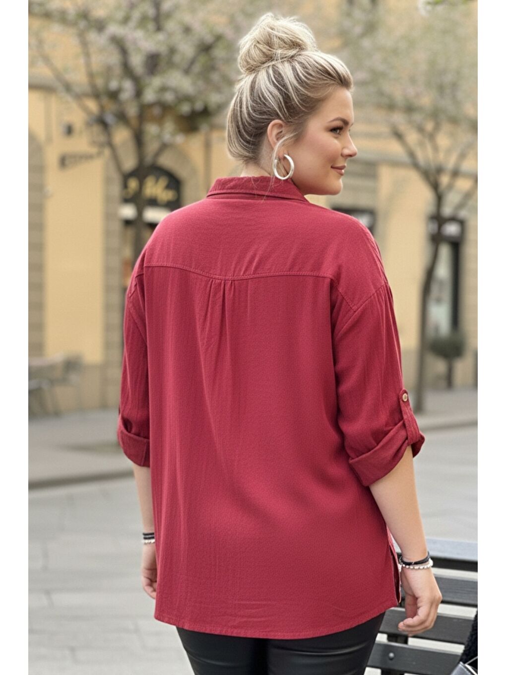 İtalyan Büyük Beden Bordo Uzun Kol Çiçekli Düğmeli İnce Kadife Casual Dokuma Gömlek 75-80 70-4