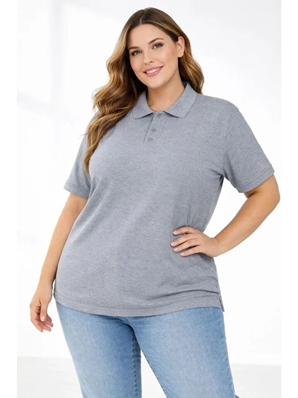 Pike Kumaş Düğmeli Yaka Battal Büyük Beden Günlük Kısa Kol Tişört T-shirt - Gri-3