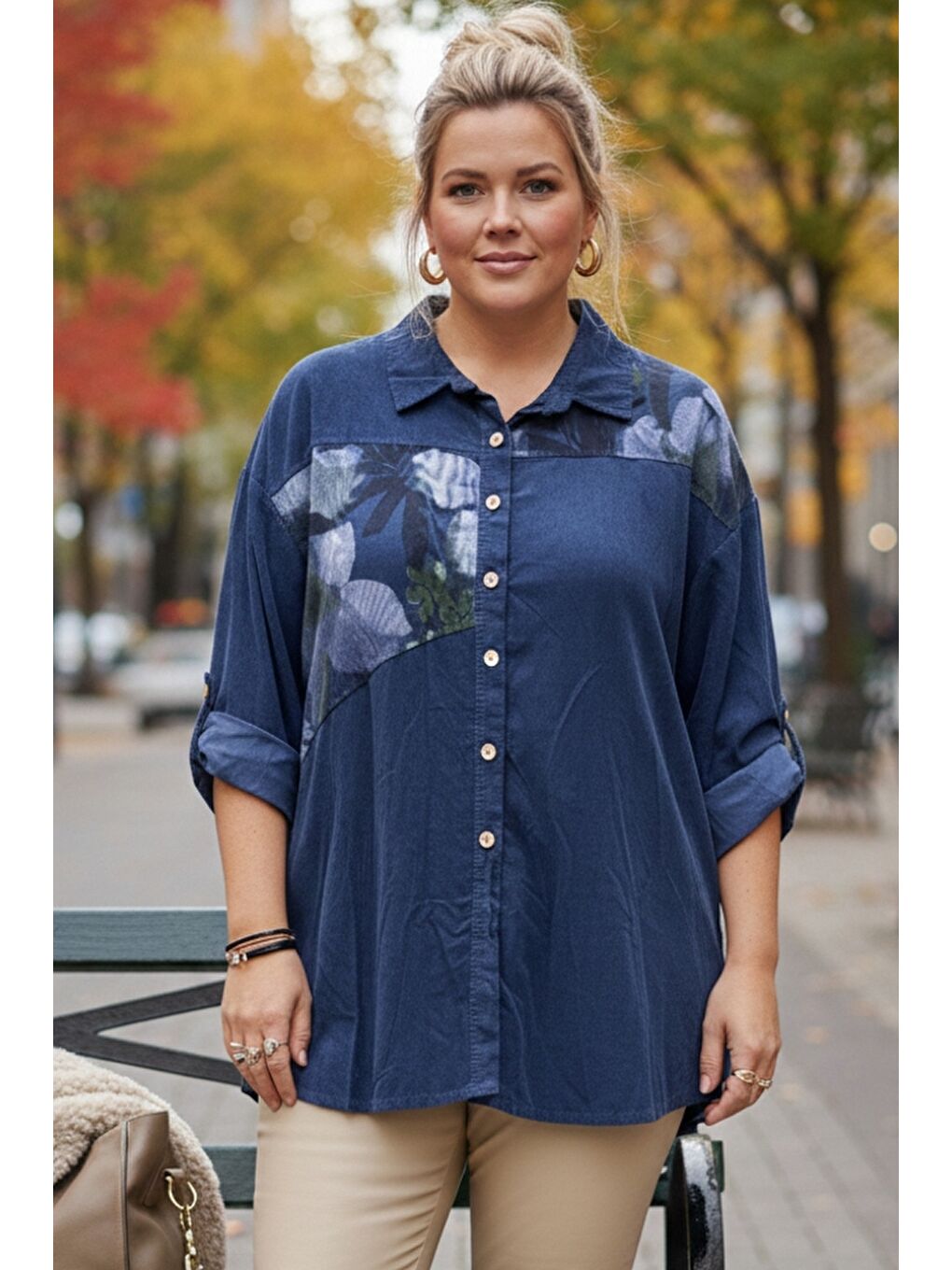 İtalyan Büyük Beden Jean Mavisi Uzun Kol Çiçekli Düğmeli İnce Kadife Casual Dokuma Gömlek 75-80 70-1