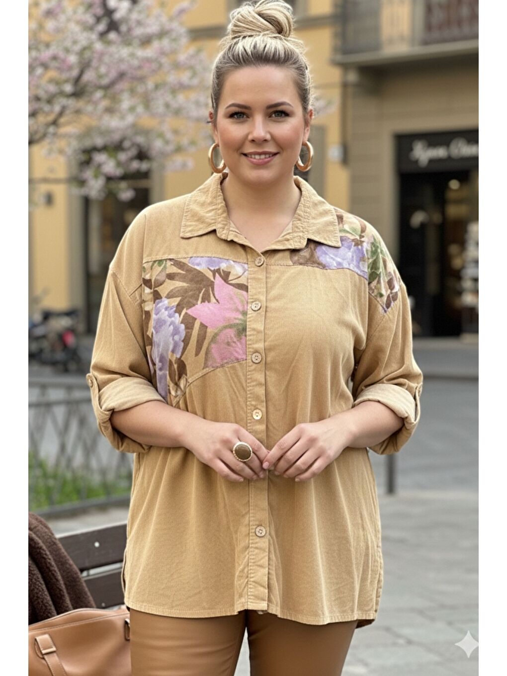 İtalyan Büyük Beden Bej Uzun Kol Çiçekli Düğmeli İnce Kadife Casual Dokuma Gömlek 75-80 70-2