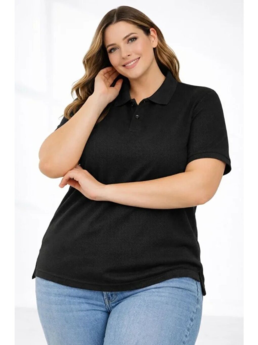 Pike Kumaş Düğmeli Yaka Battal Büyük Beden Günlük Kısa Kol Tişört T-shirt - Siyah-1