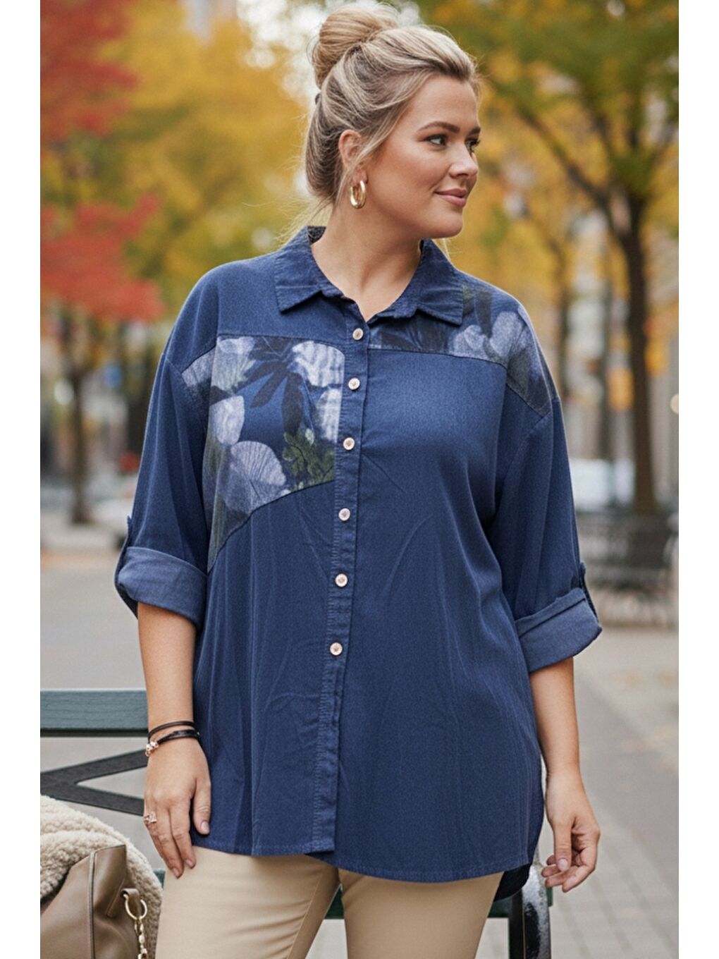 İtalyan Büyük Beden Jean Mavisi Uzun Kol Çiçekli Düğmeli İnce Kadife Casual Dokuma Gömlek 75-80 70-2