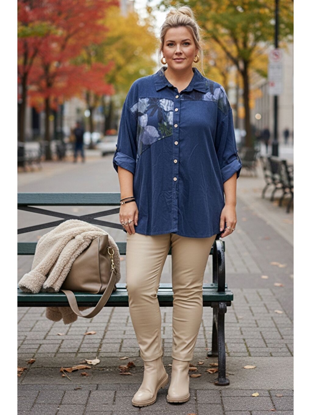 İtalyan Büyük Beden Jean Mavisi Uzun Kol Çiçekli Düğmeli İnce Kadife Casual Dokuma Gömlek 75-80 70-3