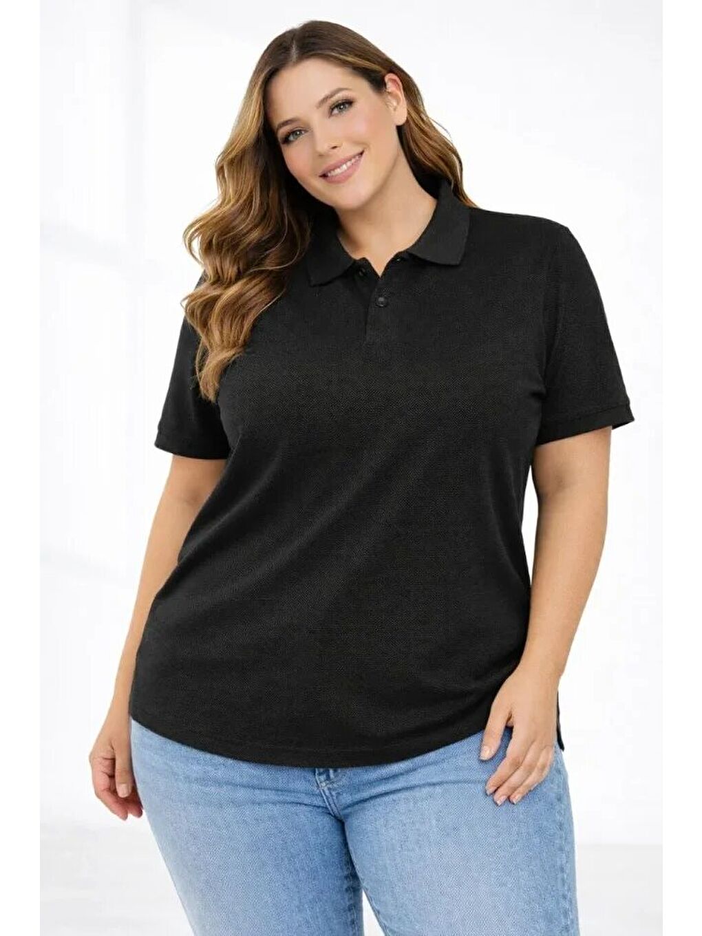 Pike Kumaş Düğmeli Yaka Battal Büyük Beden Günlük Kısa Kol Tişört T-shirt - Siyah-2