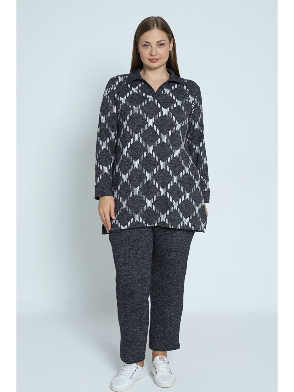 Gri desenli uzun kollu polo yaka Elastanlı örme kadın büyük beden alt üst takım
