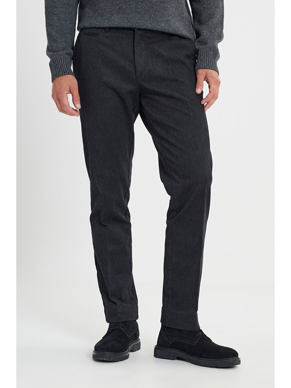 Erkek Siyah Comfort Fit Rahat Kesim Pamuklu Esnek Diagonal Desenli Yan Cep Casual Pantolon