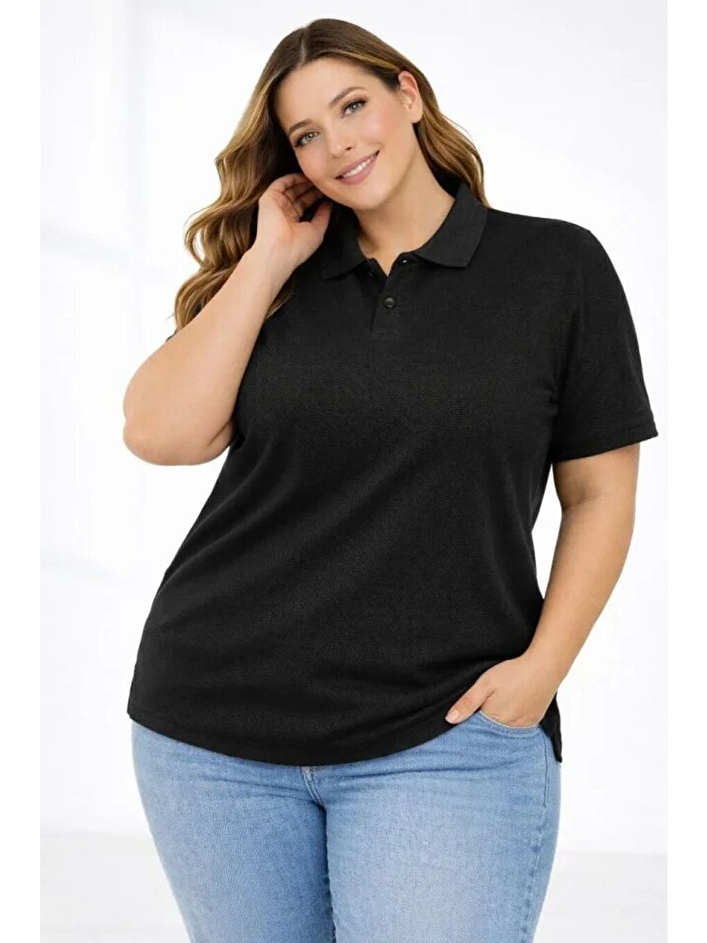 Pike Kumaş Düğmeli Yaka Battal Büyük Beden Günlük Kısa Kol Tişört T-shirt - Siyah-3