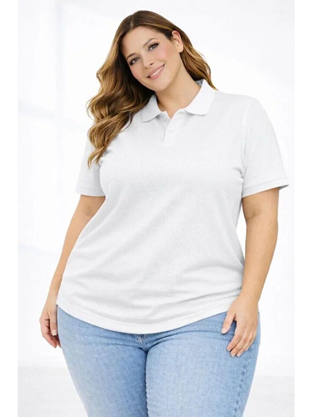 Pike Kumaş Düğmeli Yaka Battal Büyük Beden Günlük Kısa Kol Tişört T-shirt - Beyaz