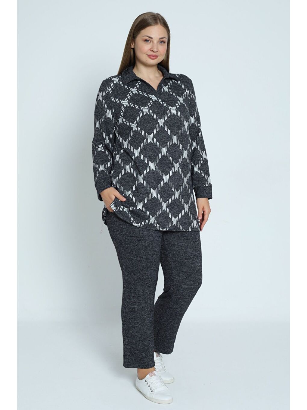 Gri desenli uzun kollu polo yaka Elastanlı örme kadın büyük beden alt üst takım-1