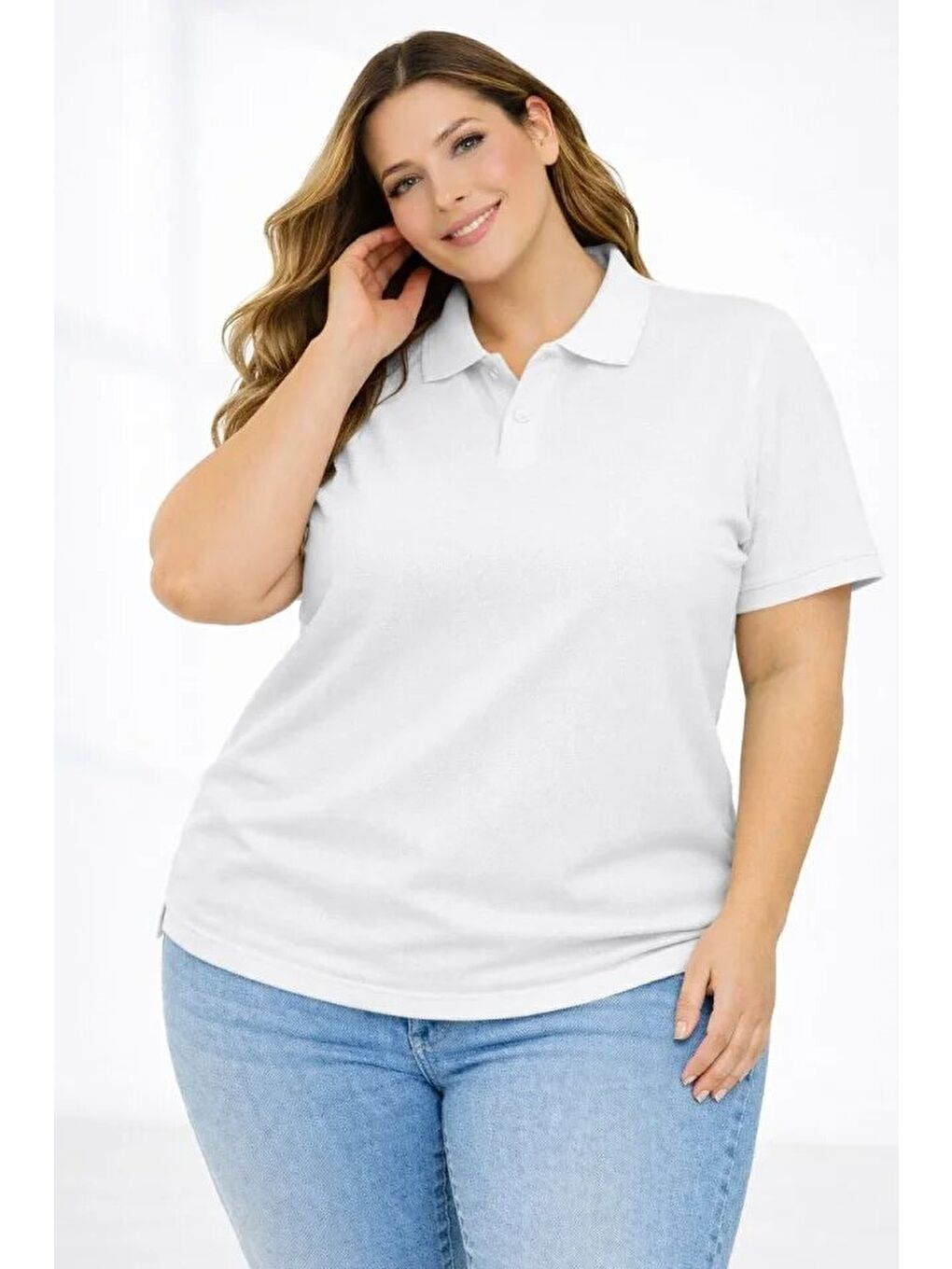 Pike Kumaş Düğmeli Yaka Battal Büyük Beden Günlük Kısa Kol Tişört T-shirt - Beyaz-1