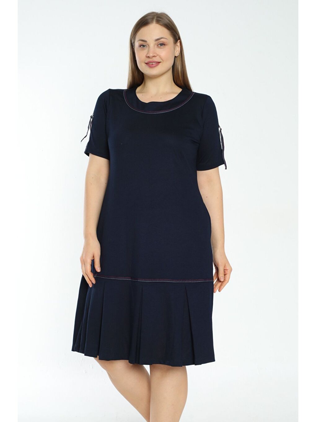 Lacivert Kadın lacivert viskon şerit detaylı cepli büyük beden elbise