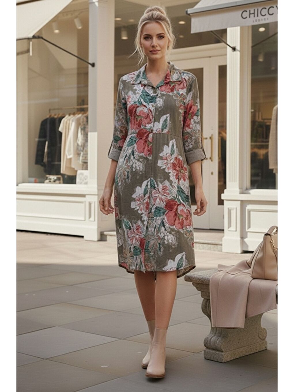 İtalyan Bej Gömlek Yaka Uzun Kol Çiçekli Allover Baskılı Kadife Dokuma Elbise 112 65-3