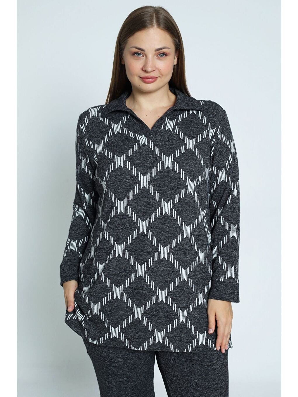 Gri desenli uzun kollu polo yaka Elastanlı örme kadın büyük beden alt üst takım-2