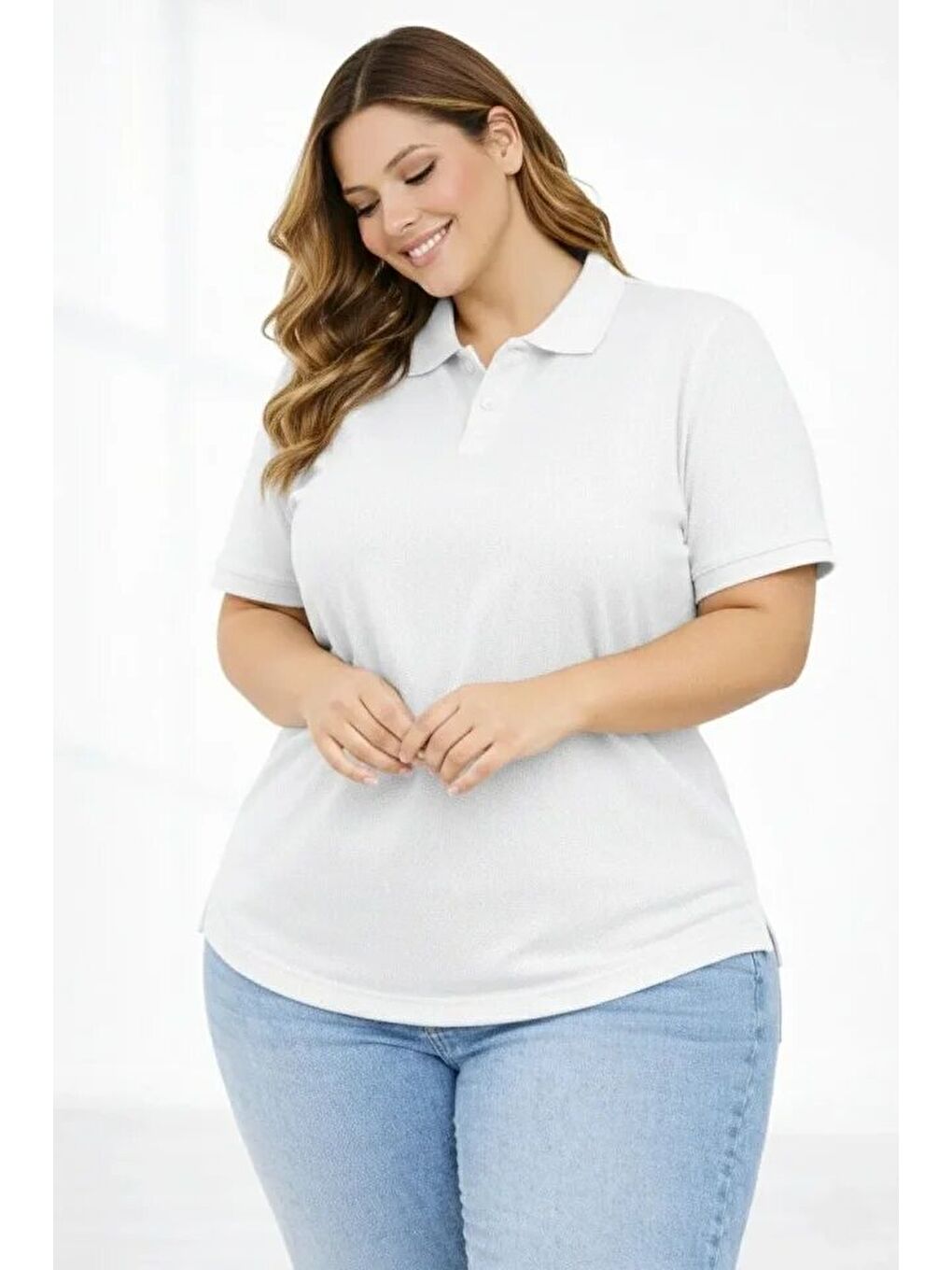 Pike Kumaş Düğmeli Yaka Battal Büyük Beden Günlük Kısa Kol Tişört T-shirt - Beyaz-2