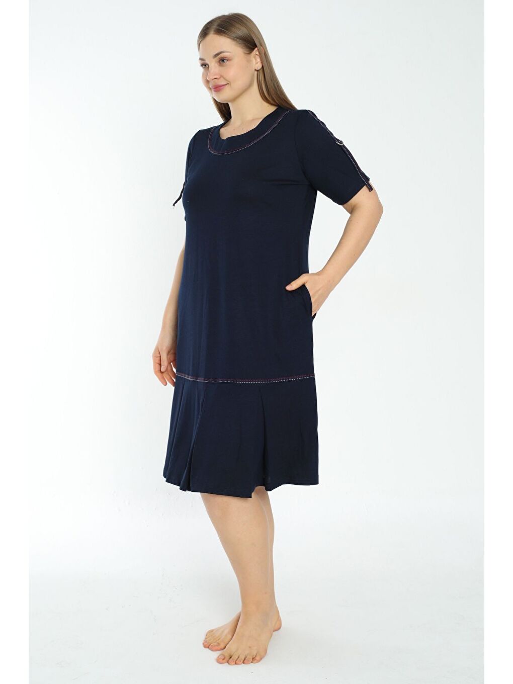 Lacivert Kadın lacivert viskon şerit detaylı cepli büyük beden elbise-2