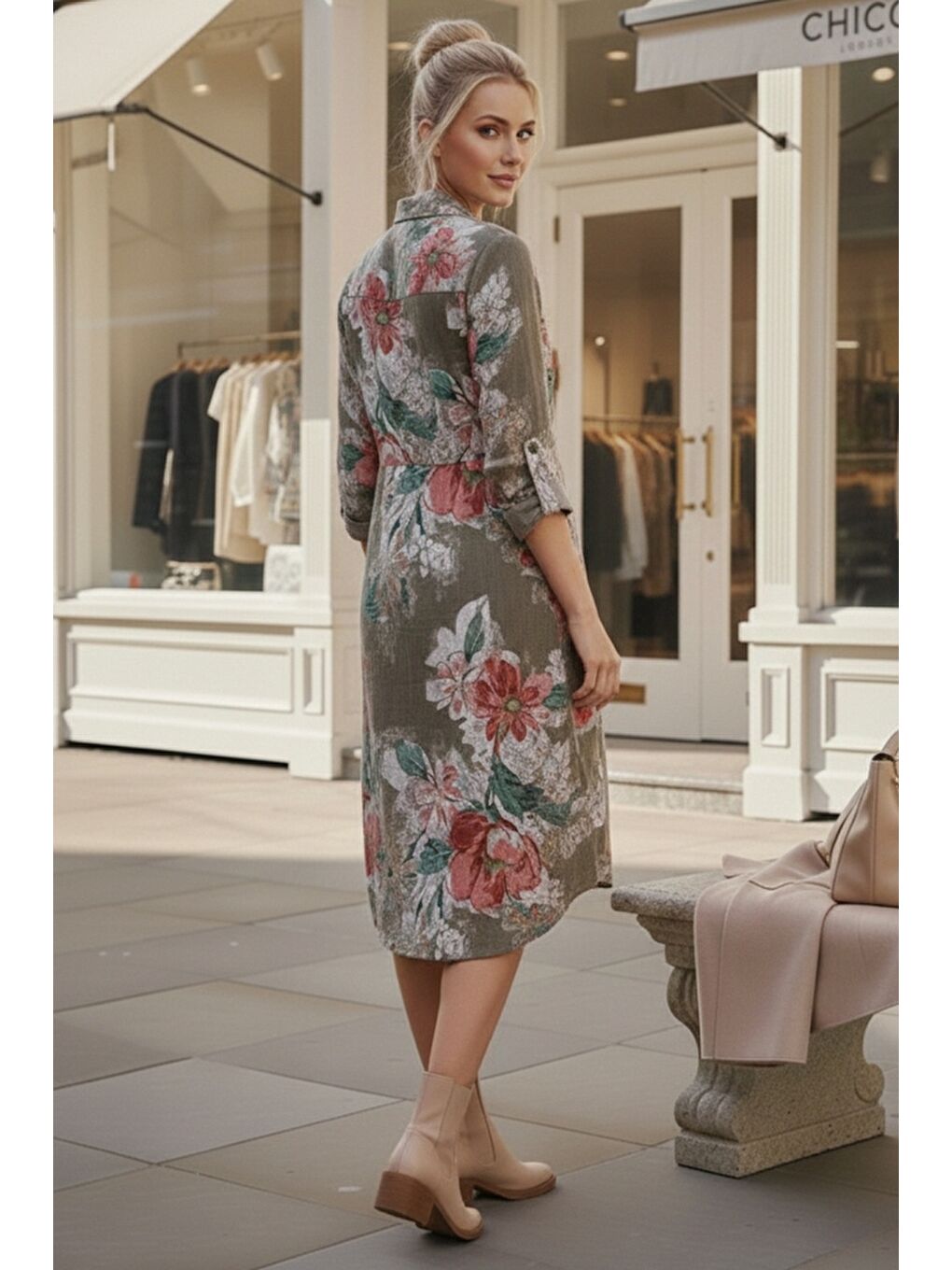 İtalyan Bej Gömlek Yaka Uzun Kol Çiçekli Allover Baskılı Kadife Dokuma Elbise 112 65-4