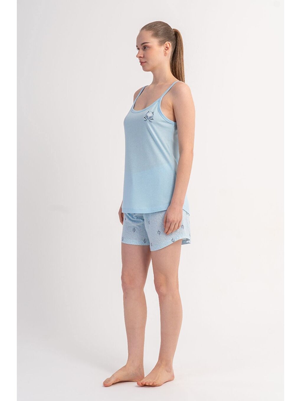İp Askılı Şortlu Pijama Takımı Açık Mavi-512231-3