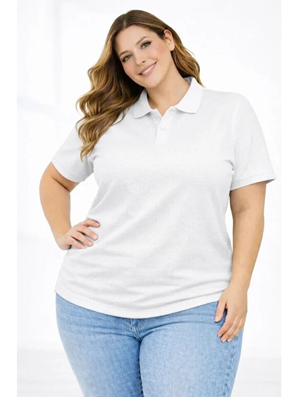 Pike Kumaş Düğmeli Yaka Battal Büyük Beden Günlük Kısa Kol Tişört T-shirt - Beyaz-3