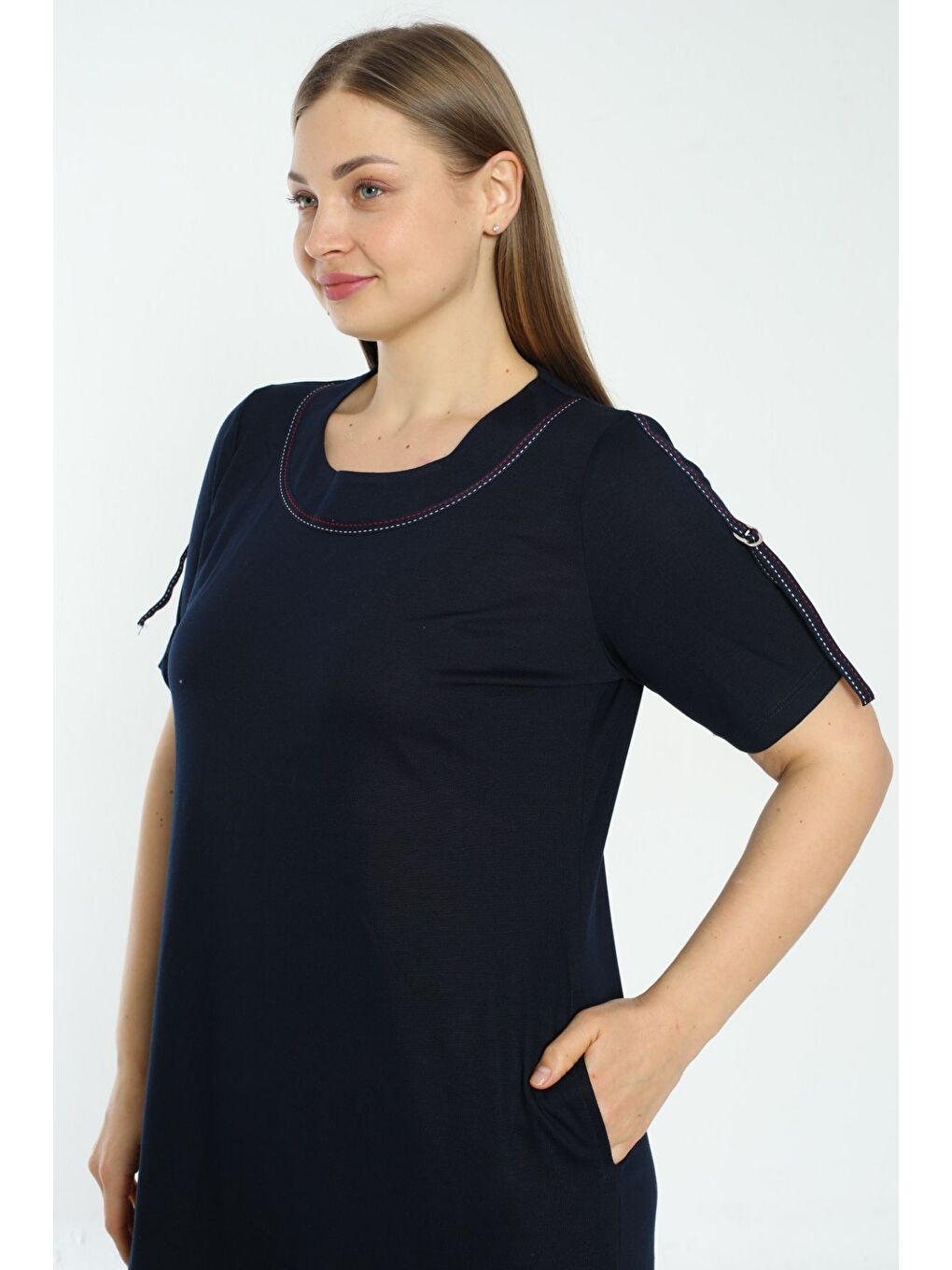 Lacivert Kadın lacivert viskon şerit detaylı cepli büyük beden elbise-3