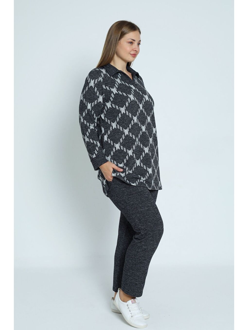 Gri desenli uzun kollu polo yaka Elastanlı örme kadın büyük beden alt üst takım-3