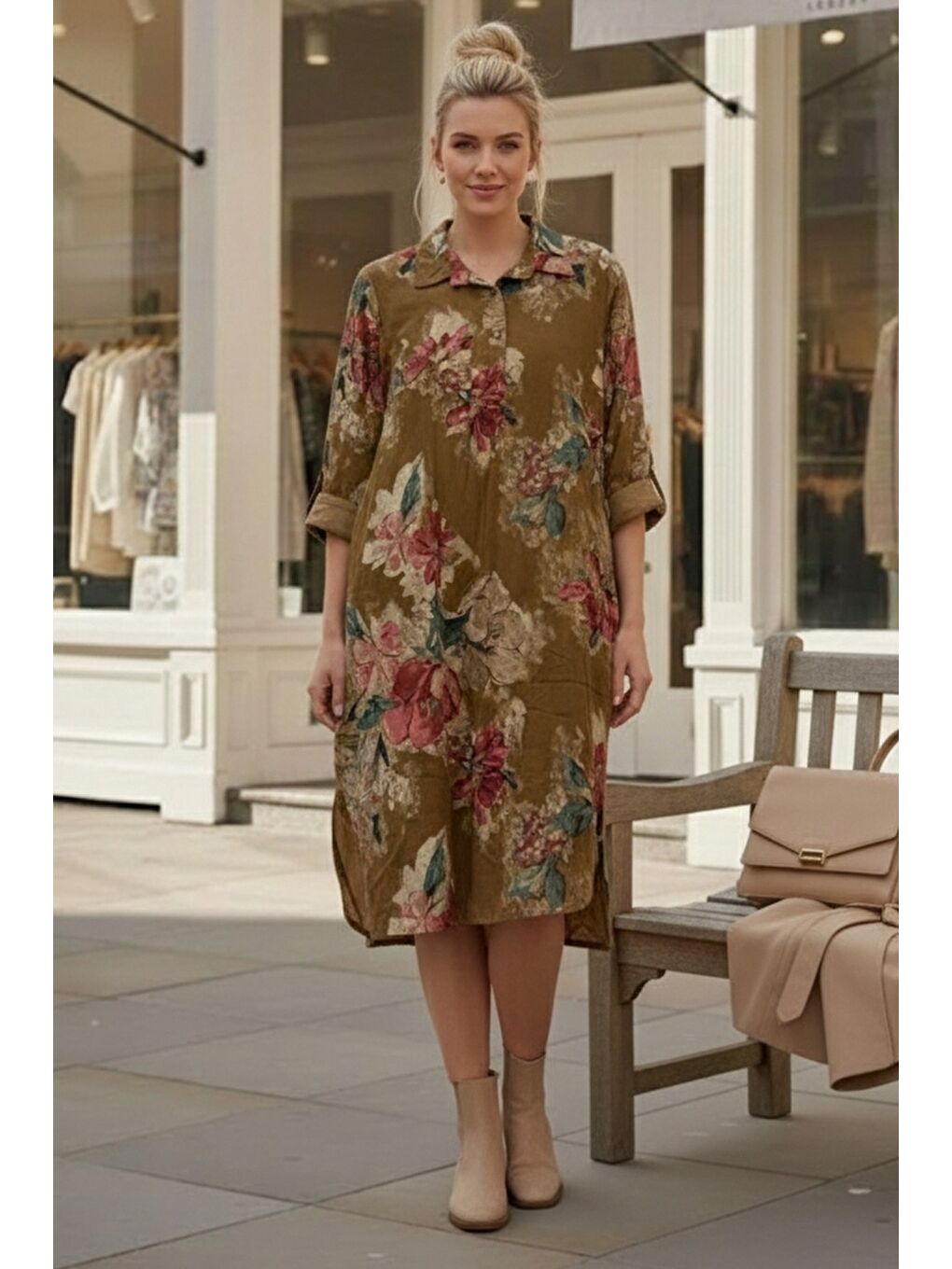 Sarı İtalyan Hardal Gömlek Yaka Uzun Kol Çiçekli Allover Baskılı Kadife Dokuma Elbise 112 65-1