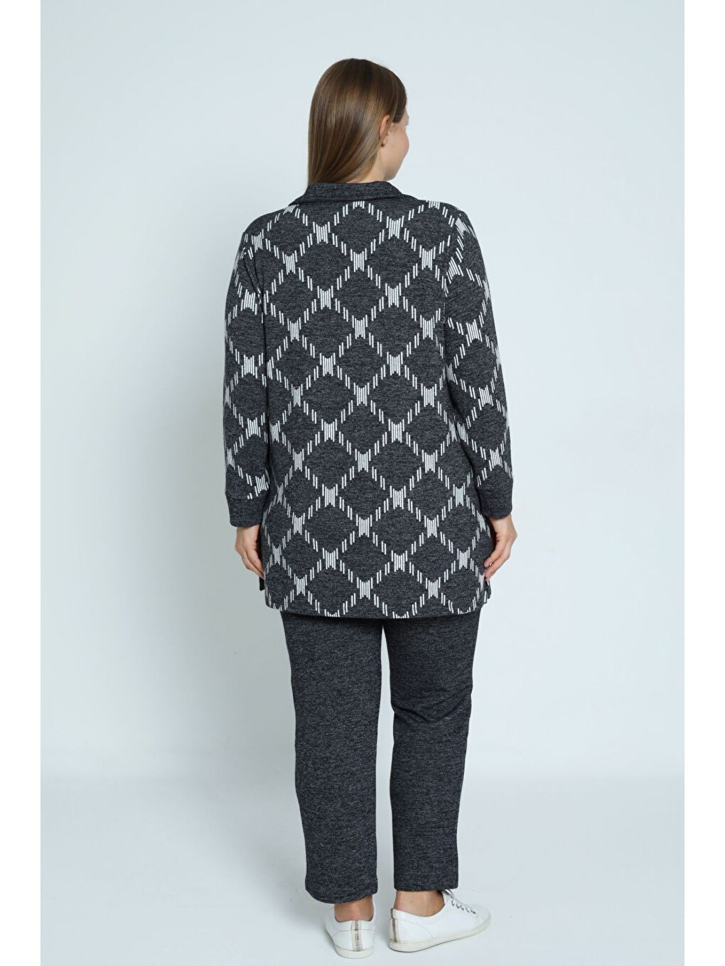 Gri desenli uzun kollu polo yaka Elastanlı örme kadın büyük beden alt üst takım-4